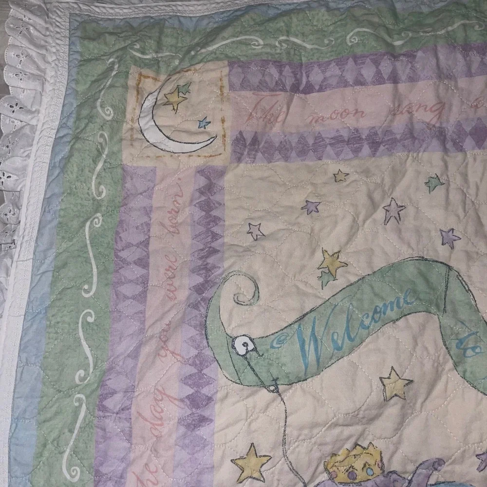 Vintage Pastel Baby Quilt Crib Blanket ABC‎ Blocks Animals Lace Trim Reversible